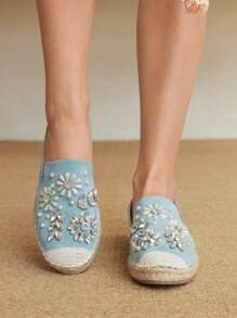 Styleloop Cuccoo Turquoise Beaded Diamonte Rope Sole Fisherman Flat Shoes For Women - Ice Water - View 7