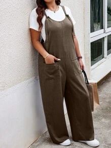 Calvaya Plus Size Women's Solid Color Double Pocket Wide Leg Loose Strap Jumpsuit