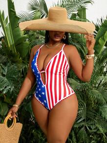 Slaydiva 1 pezzo Costume da bagno intero da donna taglie forti con scollo a V profondo, con stampa della bandiera USA del 4 luglio, stile sexy e da vacanza