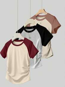 Teen Girl Casual Color Block Short Sleeve T-Shirt, Versatile & Minimalist - Multicolor - View 1