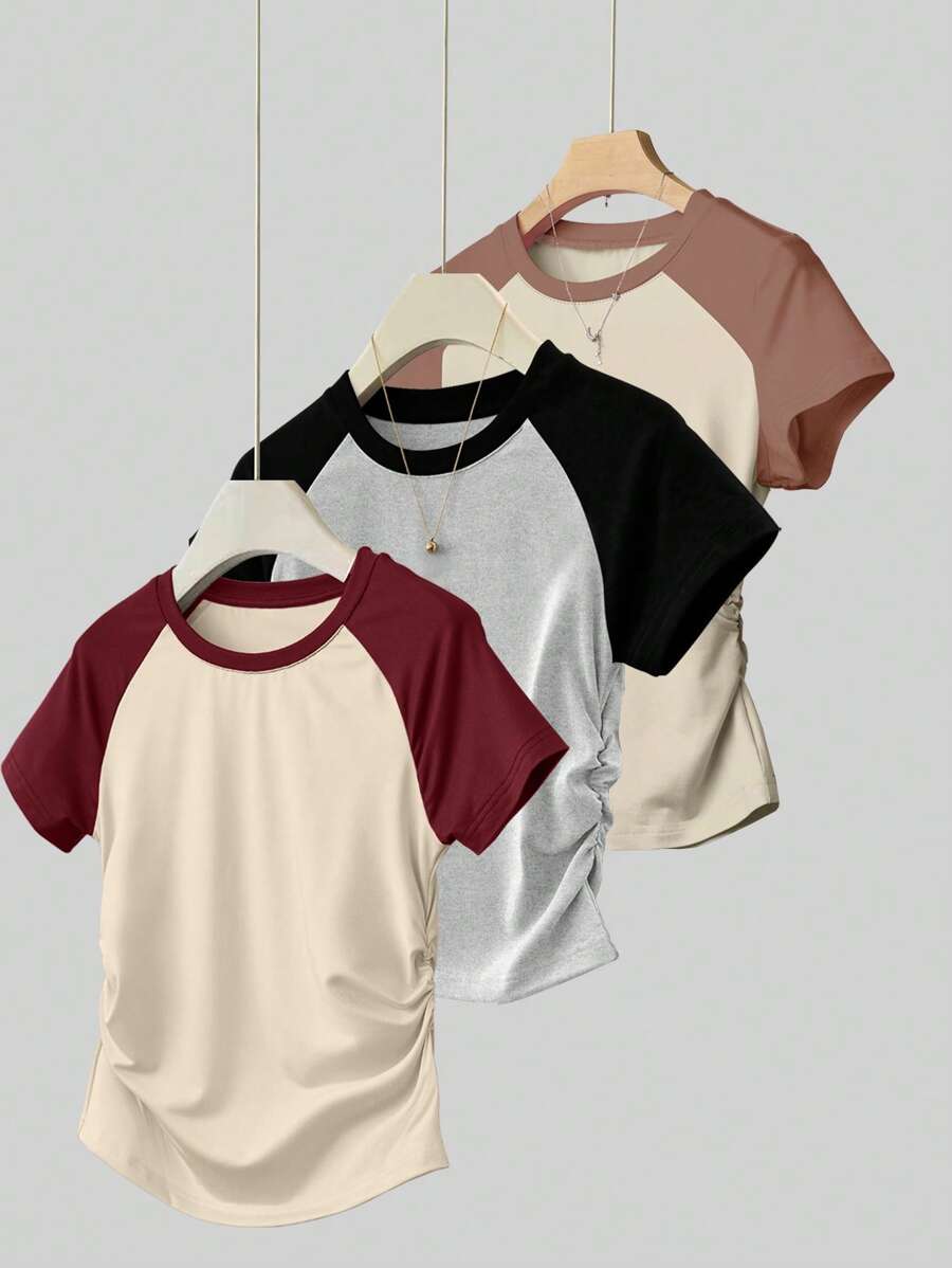 Teen Girl Casual Color Block Short Sleeve T-Shirt, Versatile & Minimalist - Multicolor - View 1
