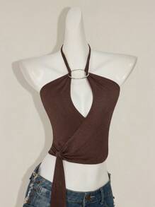 SHEIN ICON 女士纯色环状镂空性感短款露背背心 - 棕色 - 查看 6