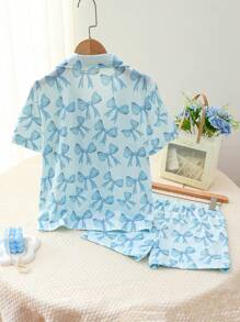 Tween Girls Butterfly Print Front Button Short Sleeve Shorts Pajama Set, Elegant Fashion Home Wear - Baby Blue - View 2