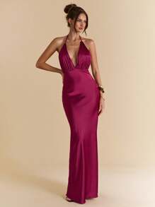 SHEIN BAE Solid Burgundy Sexy Deep V-Neck Pleated Long Satin Women's Dress, Suitable For Banquet, Wedding Bridesmaid Dress, Elegant Dress - Burgundy - View 7