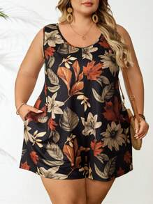 SHEIN CURVE+ 大码女式夏季纯色圆领口袋休闲连体衣，女士度假装，女士沙滩装/沙滩裙/沙滩度假装/沙滩必需品/毕业/茶会礼服，夏季/乡村/海滩度假装/沙滩装/沙滩装 - 彩色 - 查看 7