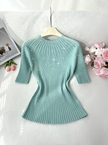 SHEIN Privé 大码纯色短袖毛衣背心，简约时尚，适合夏季 - 綠色 - 查看 1