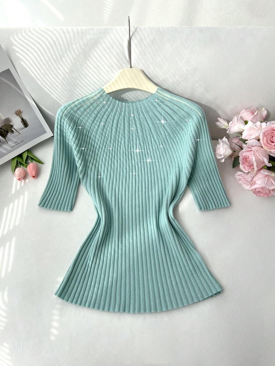 SHEIN Privé 大码纯色短袖毛衣背心，简约时尚，适合夏季 - 綠色 - 查看 1