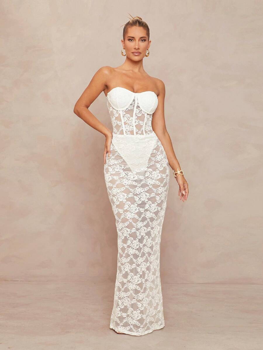 Lumalex 女式蕾丝胸垫腰透视紧身连衣裙 - 白色 - 查看 1