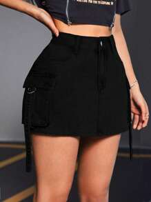 SHEIN PETITE Women's Summer Fashion Street Style Flap Pocket Bodycon Denim Mini Skirt - Black - View 3