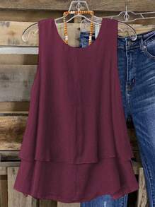 SHEIN LUNE Plus Size Women Dopamine Sweet Retro Double Ruffle Hem Camisole Top For Beach Holiday, Spring/Summer - Burgundy - View 2