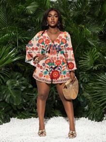 Slaydiva 加大码花卉印花长袖连体裤，适合夏季 - 米色 - 查看 4