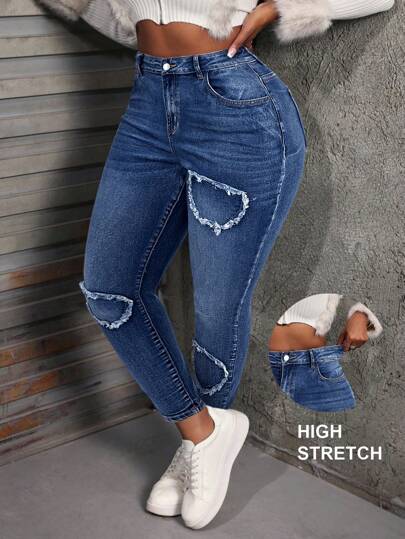 SHEIN SXY Plus Size Women Jeans Skinny Elastic Love Embroidery Trousers Blue Women Jeans Women Mom Jeans Denim Jeans Jeans Pants Jeggings Stretchy Jeans