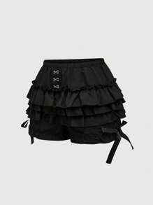 ROMWE Quần short bí ngô Gothic dễ thương 3 lớp viền bèo nhún cho nữ cỡ lớn có nơ trang trí - màu đen - Xem 1