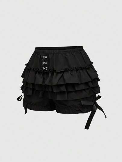 Goth Plus Size Women Gothic Cute 3-Layers Ruffle Hem With Bow Decor Pumpkin Shorts
