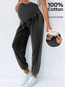 SHEIN Casual Cropped Maternity Pants For Everyday Comfort: Semi-Sheer Knitted Fabric With Adjustable Waistband And Drawstring - White - View 7