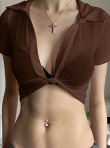 SHEIN EZwear Women's Twist Sheer Shirt, Fashion Design Suitable For Summer - Coffee Brown - View 1