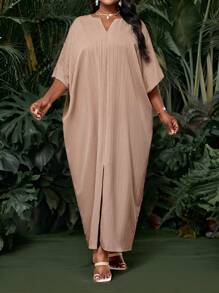 SHEIN Lady Holiday Dresses Plus Size Champagne Woven Short Sleeve Women's Robe Loose Drape Holiday Bridal Shower Dress Beach Women's Tall Long Slim Dress Cruise Outfits Women - Beige - View 1