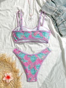 SHEIN 2pcs/Set Women Shell Print Contrast Tie Adjustable Backless Crop Top And Shell Pattern Tie Swim Shorts Bathing Suit Set, Fashionable Beach Vacation Outfit - Multicolor - View 2