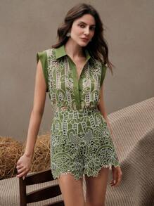 Anewsta Bộ đồ ren thêu sang trọng lấy cảm hứng từ phong cách cổ điển, thanh lịch cho mùa hè, lễ hội, ngày lễ, kỳ nghỉ, thường ngày, sang trọng, cổ điển, bãi biển - xanh quân đội - Xem 5