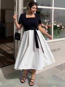 Dazy Plus Plus Size Color Blocking Cinched Waist Short Sleeve A-Line Hem Elegant Summer Dress - Apricot - View 6