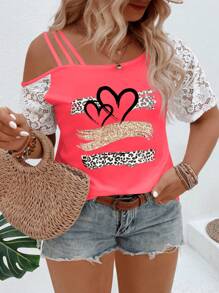 SHEIN VCAY CURVE Áo thun thường ngày họa tiết da báo và trái tim cổ tròn ren cỡ lớn tay ngắn, mùa xuân và mùa hè - Đỏ - Xem 3