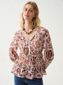 Florisole V-Neck Cap Sleeve Embroidered Bohemian Red-Brown Blouse For Summer - Coffee Brown - View 6