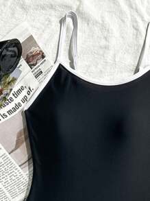 SHEIN TEENGIRL Black & White Contrast Color One-Piece Swimsuit, Minimalist One-Piece Swimwear For Beach Vacation Swim Suits For Teens One Piece Swim Suits For Teen Girl One Piece One Piece Bathing Suit For Teens One Piece Bathing Suit For Teen Bathing Suits For Teens One Piece