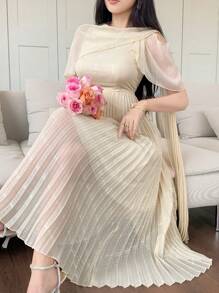 DAZY Women Elegant Solid Color Asymmetric Ruffle Pleated Mid-Calf Dress,Back To School Clothes