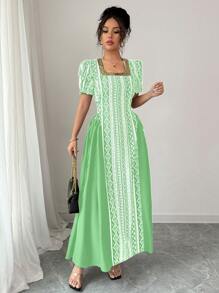 SHEIN Unity 女士矩形领口、侧系带、A 字腰、端庄优雅的几何印花短袖连衣裙，灯笼袖，阿拉伯风格 - 綠色 - 查看 5