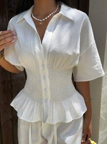 Muchica Camisa informal de mujer de manga de murciélago blanca con cintura fruncida, verano