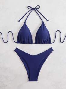 Swim Mod Women's Solid Color Halter Tie Bikini Set Set, Simple & Fashion For Beach, Casual Everyday Wear For Summer Beach Vacation - Blue - View 6