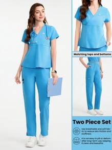 Scrubzie Crossover Neck Simple Short Sleeve Top And Pants Scrub Uniform Set