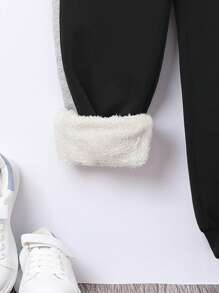 SHEIN 男大童字母貼布加絨內裏衛褲 - 黑色 - 查看 4