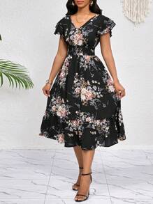 SHEIN Lady 花卉印花荷叶边褶饰下摆系带连衣裙中长连衣裙休闲日常优雅派对四季生日和活动连衣裙/办公室连衣裙/节日连衣裙 - 黑色 - 查看 4