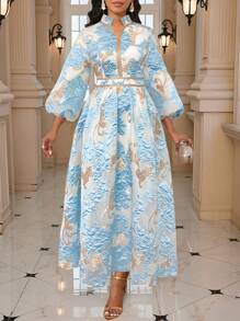 SHEIN Lady Váy dài tay đèn lồng họa tiết hoa jacquard dành cho nữ, trang trọng, thanh lịch, dự tiệc cưới, tiệc Four Seasons Old Money Festival - Màu xanh nhạt - Xem 1