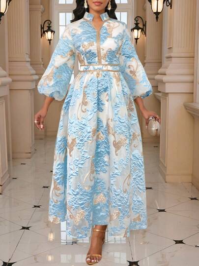 SHEIN Lady Ladies' Floral Jacquard Long Lantern Sleeve Modest Dress Elegant Party Wedding Guests Four Seasons Old Money Festival