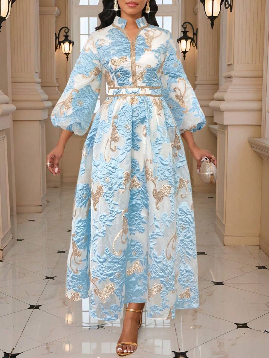 SHEIN Lady Váy dài tay đèn lồng họa tiết hoa jacquard dành cho nữ, trang trọng, thanh lịch, dự tiệc cưới, tiệc Four Seasons Old Money Festival - Màu xanh nhạt - Xem 1