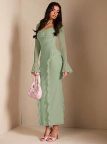 SHEIN BAE Elegant Floral 3D Decor Long Sleeve Ruffled Hem Dress, Perfect For Daily Wear, Dates, Outings, Parties, Fall Outfit For Women,Mint Green Dress