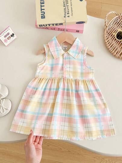 Souflis Souflis Baby Girls Sleeveless Colorful Plaid Polo Collar Cute Sweet Casual Dress, Suitable For Shopping And Outdoor, Summer