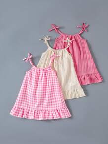 SHEIN Playful Pals 3 件套女童夏季连衣裙套装，包括纯色和条纹吊带裙，带蝴蝶结装饰，适合日常休闲穿着 - 彩色 - 查看 2
