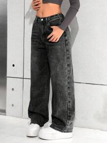 SHEIN 少女休闲基本款复古蓝色宽松直筒牛仔裤