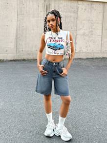 SHEIN 少女 Y2K 时尚街头服饰蓝色水洗牛仔宽松低腰百慕大短裤牛仔长短裤，夏季波西米亚风度假音乐会 - 中等水洗藍 - 查看 5