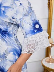 Camisón de talla grande con estampado floral romántico francés y volante en el bajo - Azul - Ver 5