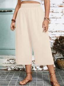 Plus Size Women's High Waist Loose Solid Color Wide Leg Capri Pants, Casual Office Wear - Beige - View 3