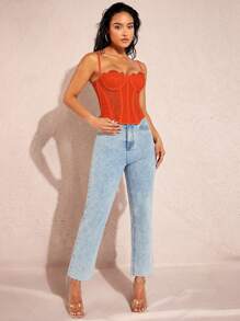 Silquee Top de tirantes unicolor bustier con encaje - Naranja - Ver 3