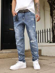 Manfinity LEGND Men's Casual Versatile Distressed Jeans With Pockets - Medium Wash - View 7
