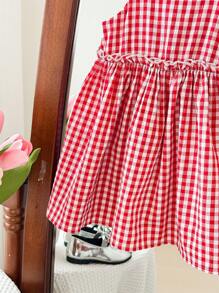 SHEIN LMoss Kids Babygirl 可爱夏日度假红白格子吊带背心裙 - 紅白色 - 查看 6