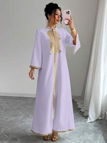 Elenzga 女士优雅V领刺绣蕾丝拼布开衩下摆长款连衣裙