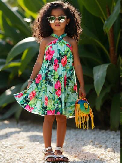 SHEIN Elladie kids Young Girls' Casual Tropical Floral Print Sleeveless Dress, New Spring/Summer Collection Girl Dress Tropical Summer Holiday
