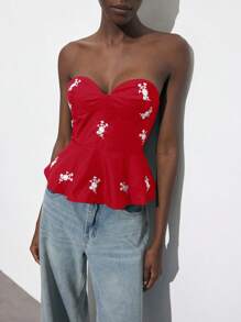 Maija 2025春夏新款休闲时尚舒适女式上衣，小巧刺绣设计，夏季女士夜店性感外出上衣 - 紅色 - 查看 1